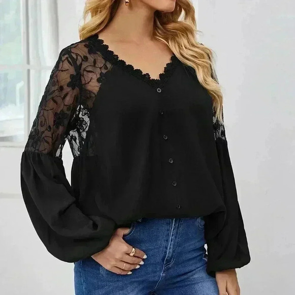 Black Casual Women's Guipure Lace Trim Embroidery Mesh Insert Blouse - Picture 5 of 5